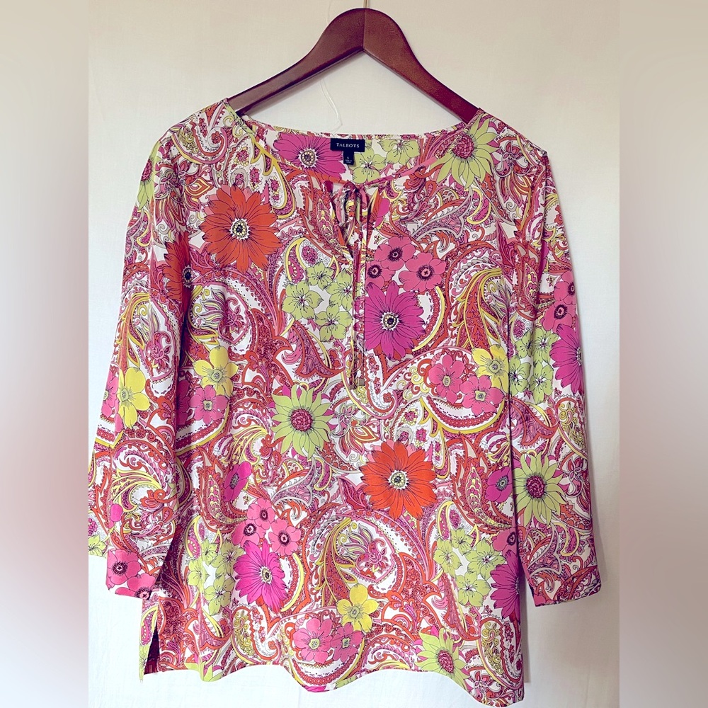 NWOT- Talbots 100% Silk Bright Floral Print Blouse Top - Pink / Orange - Sz L
